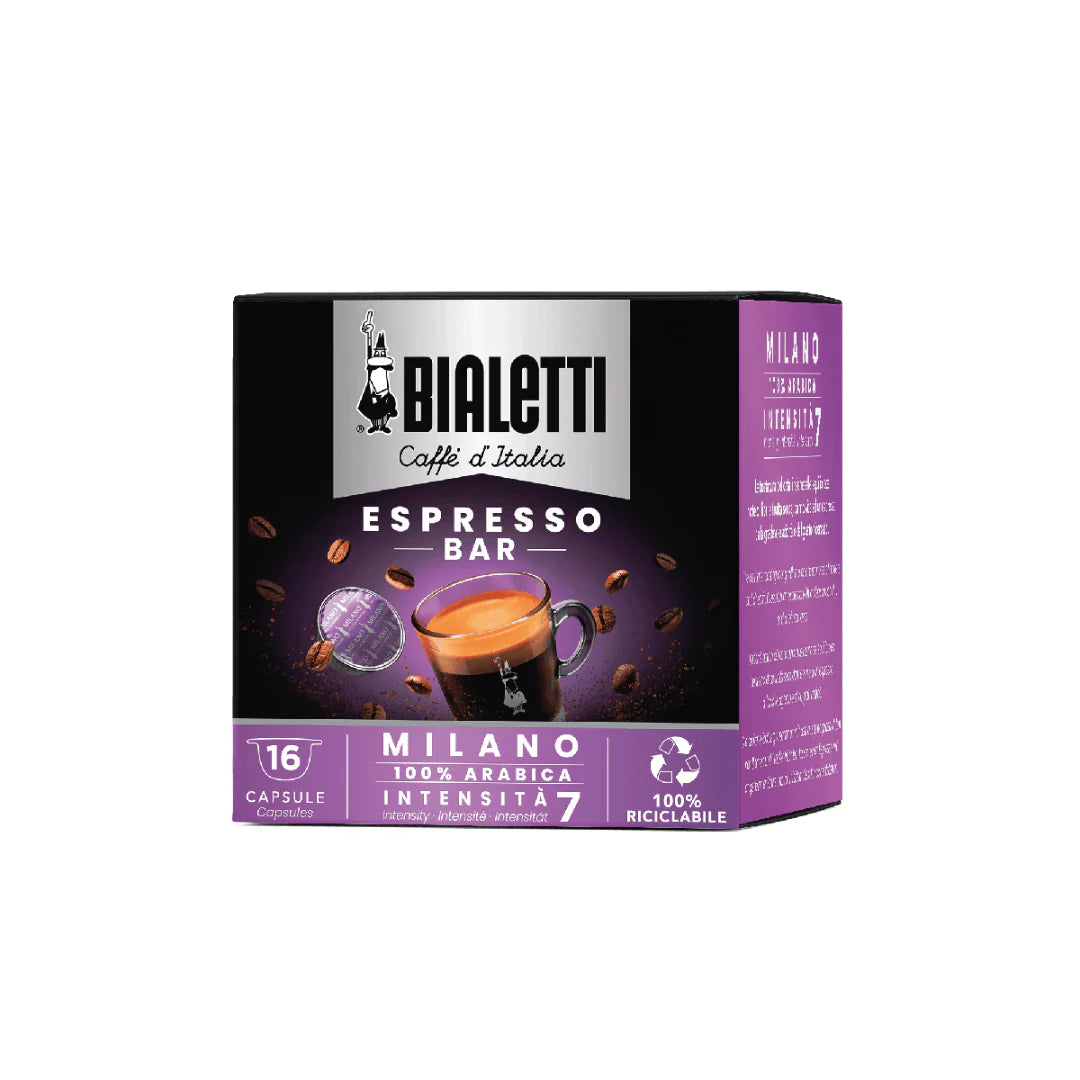 Bialetti Caffe’ d’Italia Coffee Capsules by Brew Italia, Gioia compatible, in a container with capsules visible.