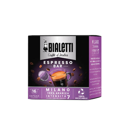 Bialetti Caffe’ d’Italia Coffee Capsules by Brew Italia, Gioia compatible, in a container with capsules visible.