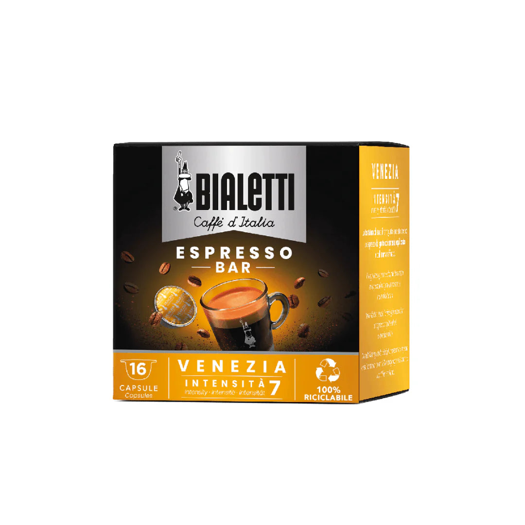 Bialetti Caffe’ d’Italia Coffee Capsules by Brew Italia, Gioia compatible, shown in a package with coffee capsules.