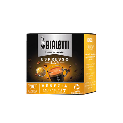 Bialetti Caffe’ d’Italia Coffee Capsules by Brew Italia, Gioia compatible, shown in a package with coffee capsules.