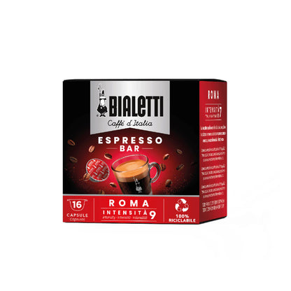 Bialetti Caffe’ d’Italia Gioia coffee capsules by Brew Italia, compatible with Bialetti coffee machines, shown in a close-up image.