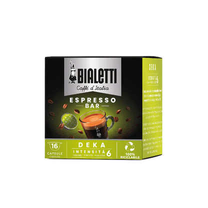 Bialetti Caffe’ d’Italia Gioia compatible coffee capsules in a container, brewed by Brew Italia, for Bialetti coffee machines.