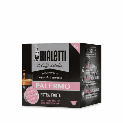 Bialetti Caffe’ d’Italia Coffee Capsules by Brew Italia, Gioia compatible, with image of capsules in packaging.