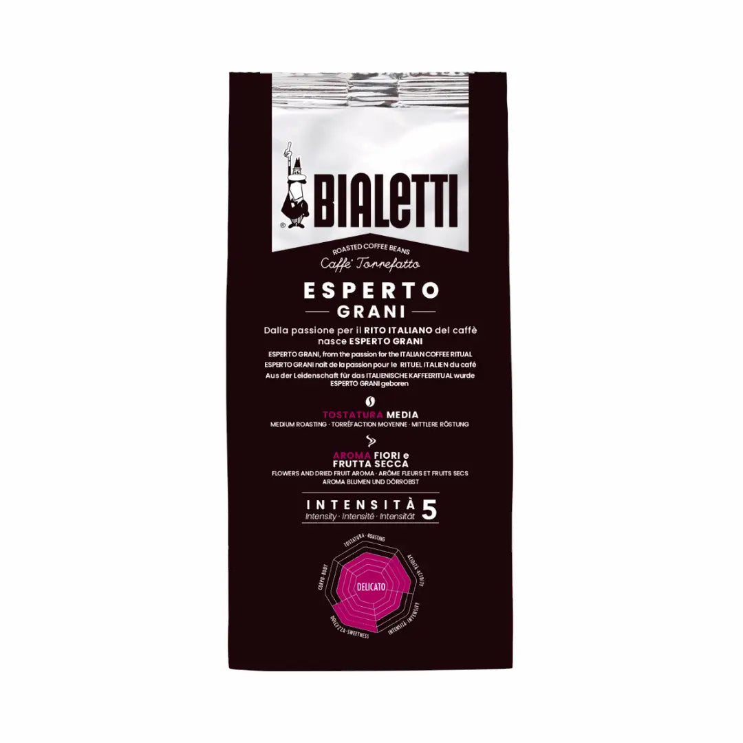 Bialetti Delicato whole bean coffee by Brew Italia, showcasing fresh coffee beans in a natural, detailed close-up image.