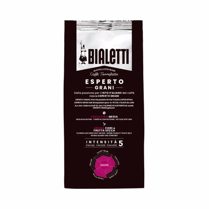 Bialetti Delicato whole bean coffee by Brew Italia, showcasing fresh coffee beans in a natural, detailed close-up image.