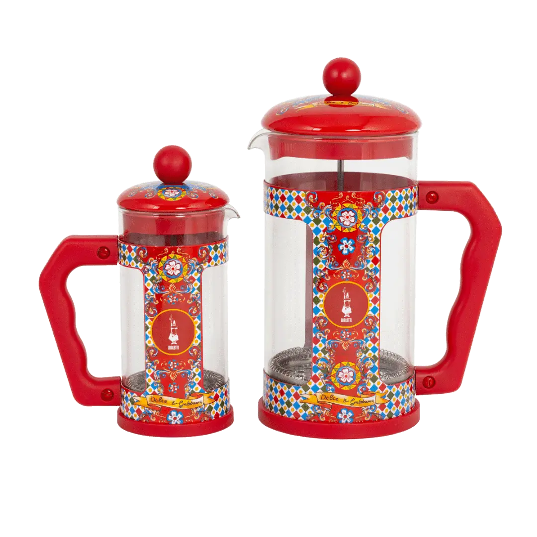 Bialetti Dolce&Gabbana Sicilian Cart coffee press by Brew Italia, stylish stovetop coffee maker with intricate design details.