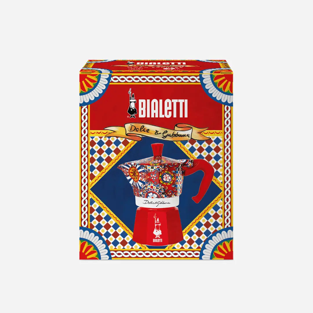 Bialetti Dolce&Gabbana Sicilian Cart Moka Express coffee maker with ornate design and stainless steel hardware by Brew Italia