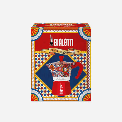 Bialetti Dolce&Gabbana Sicilian Cart Moka Express coffee maker with ornate design and stainless steel hardware by Brew Italia