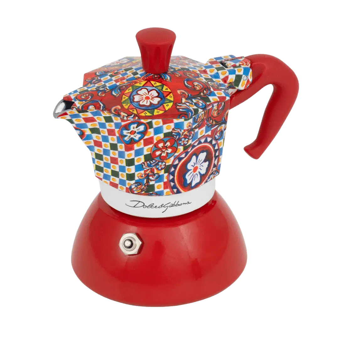 Bialetti Dolce&Gabbana Sicilian Cart stovetop coffee maker by Brew Italia, 2-cup Moka pot for induction stoves, angled view