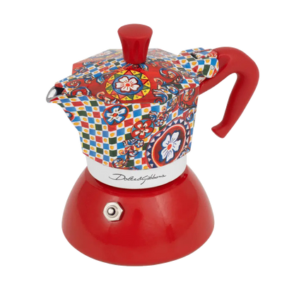 Bialetti Dolce&Gabbana Sicilian Cart stovetop coffee maker by Brew Italia, 2-cup Moka pot for induction stoves, angled view