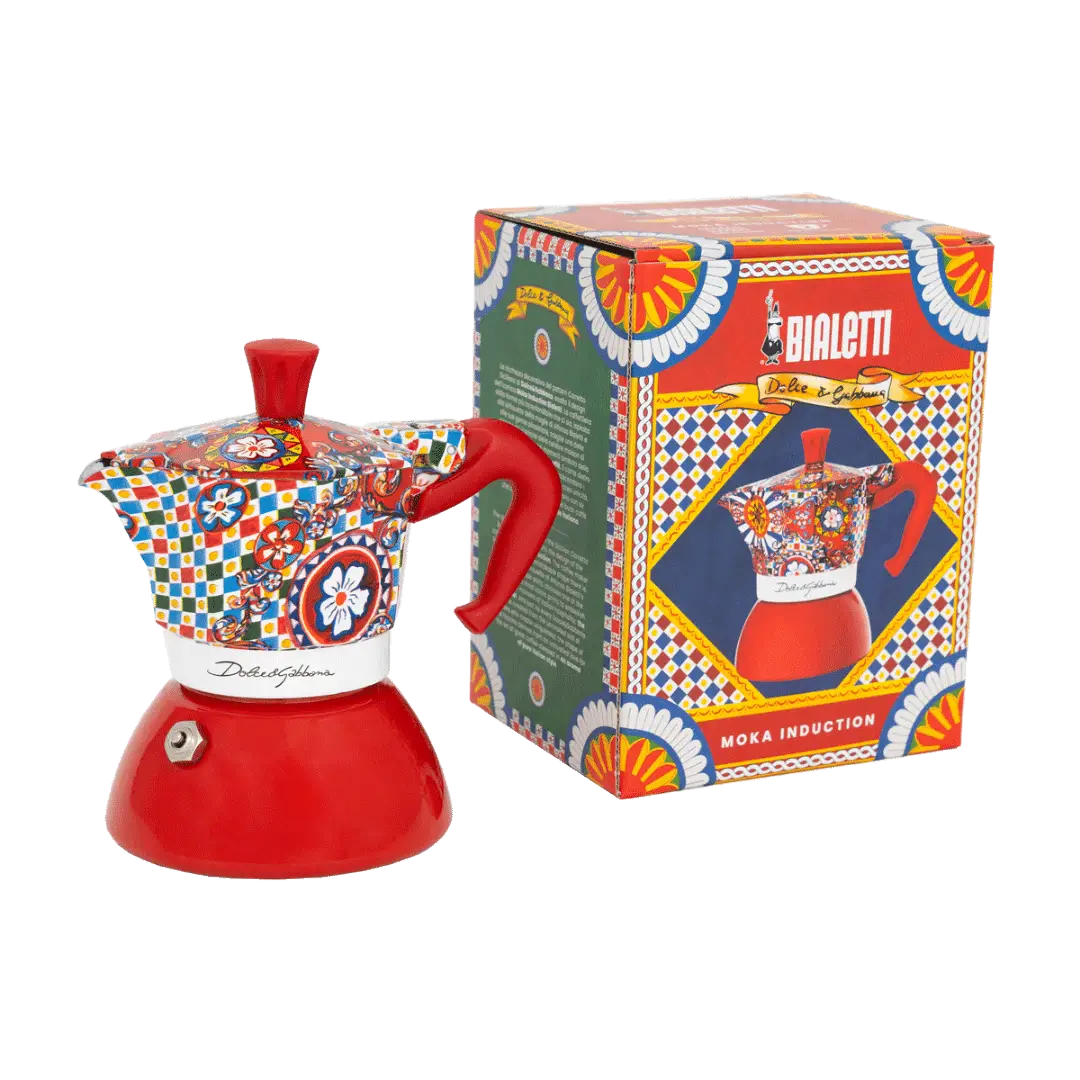 Bialetti Dolce&Gabbana Sicilian Cart stovetop coffee maker, Brew Italia Moka Induction, 2-cup size with packaging.