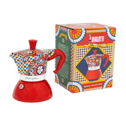Bialetti Dolce&Gabbana Sicilian Cart stovetop coffee maker, Brew Italia Moka Induction, 2-cup size with packaging.