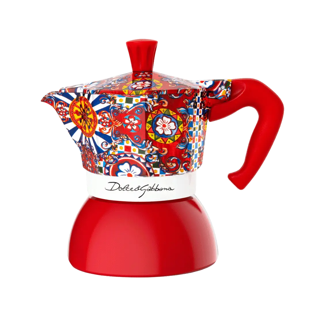 Bialetti Dolce&Gabbana Sicilian Cart Moka Induction stovetop coffee maker, Brew Italia 2-cup moka pot with detailed design.