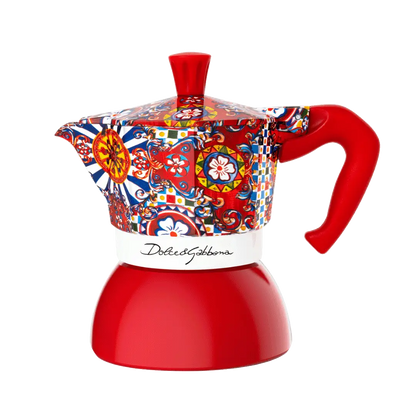 Bialetti Dolce&Gabbana Sicilian Cart Moka Induction stovetop coffee maker, Brew Italia 2-cup moka pot with detailed design.