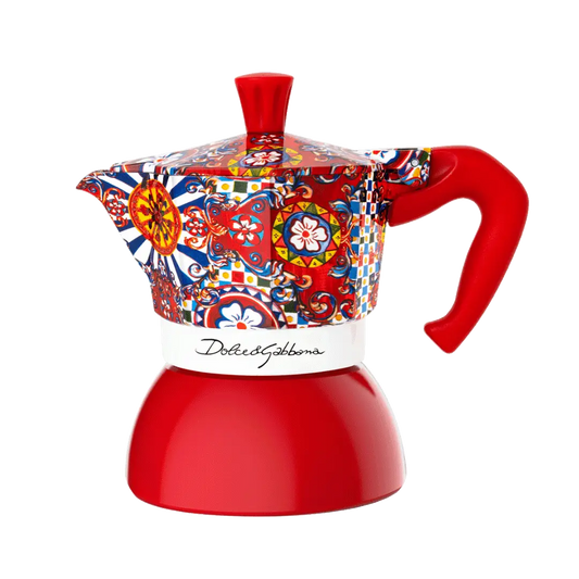 Bialetti Dolce&Gabbana Sicilian Cart Moka Induction stovetop coffee maker, Brew Italia 2-cup moka pot with detailed design.