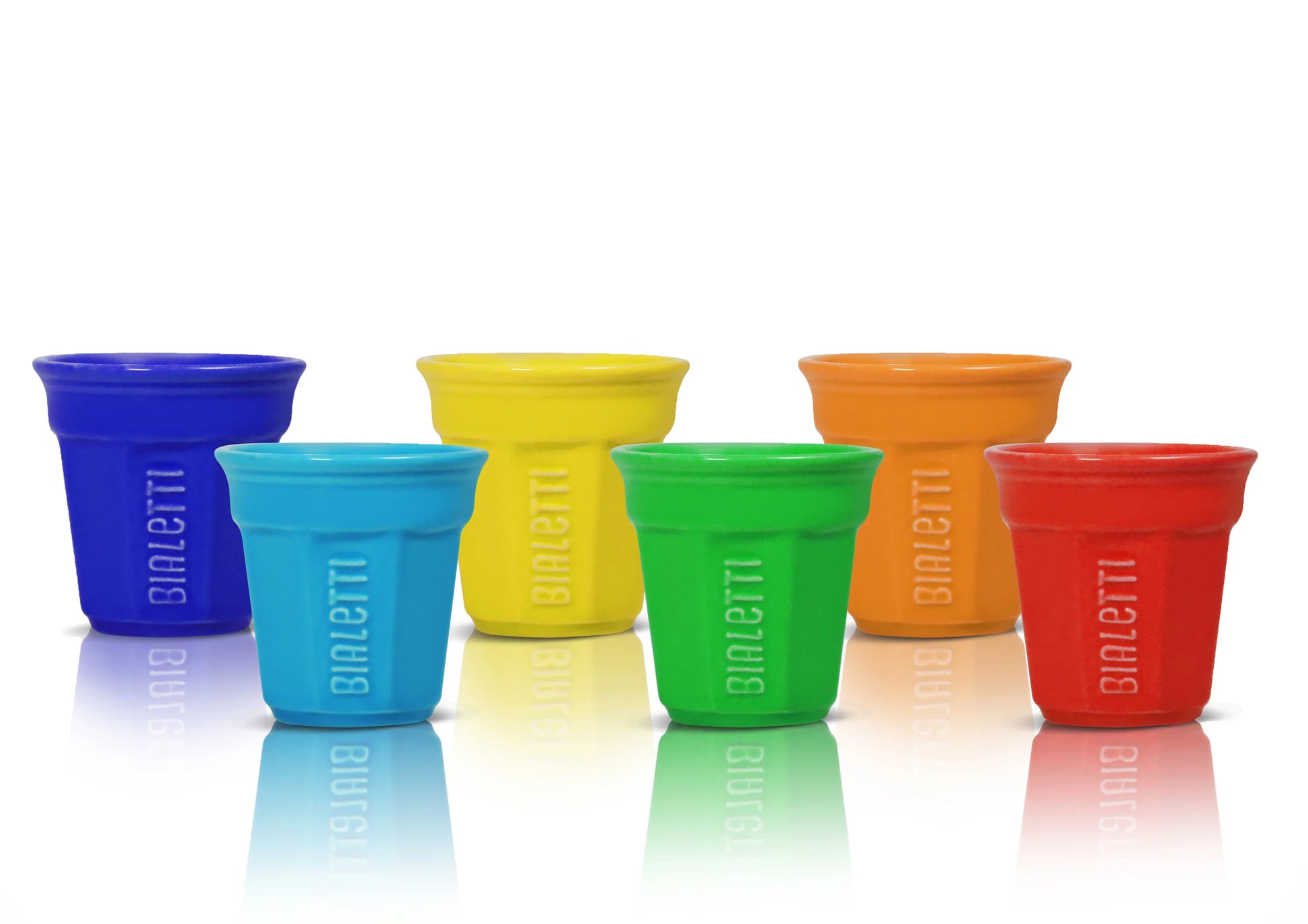 Set of six Bialetti espresso cups in various colors from Brew Italia, featuring sleek ceramic design ideal for enjoying espresso.