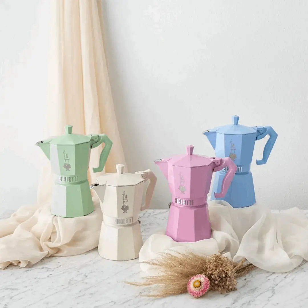 Bialetti Moka Express Exclusive pastel-colored stovetop coffee maker by Brew Italia, with a sleek pastel finish and classic design.