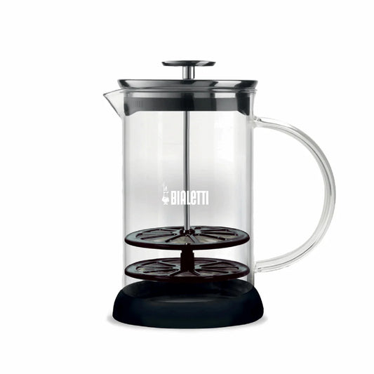 Bialetti Tuttocrema glass milk frother for frothy coffee, featuring a clear glass body and stainless steel handle for easy use.
