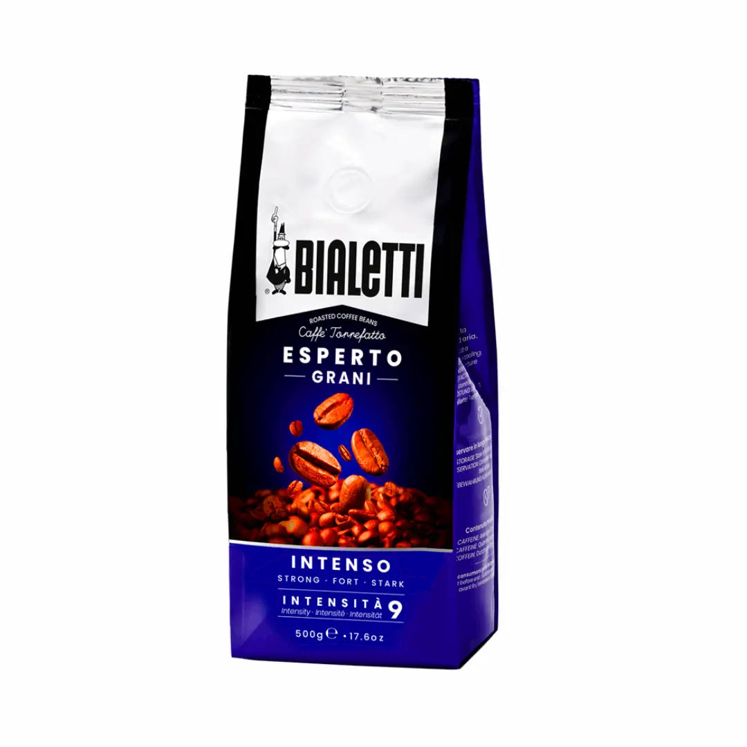 Bialetti Intenso Whole Bean Coffee by Brew Italia, showcasing dark roasted coffee beans with a rich, aromatic appearance.