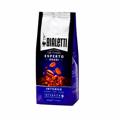 Bialetti Intenso Whole Bean Coffee by Brew Italia, showcasing dark roasted coffee beans with a rich, aromatic appearance.