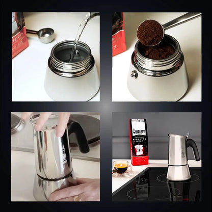 Bialetti Venus espresso coffee maker by Brew Italia, showing the classic stovetop moka pot with stainless steel design.
