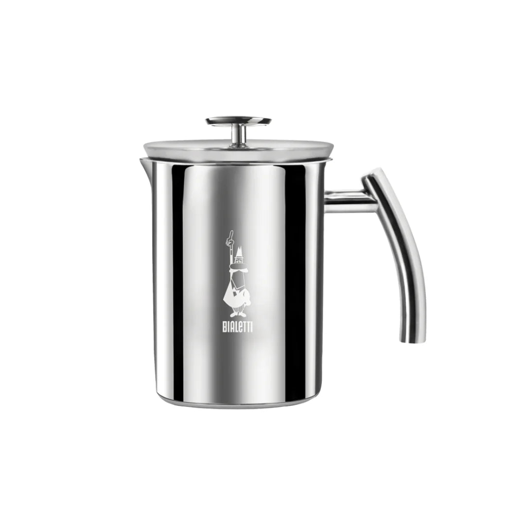 Bialetti manual milk frother by Brew Italia for making creamy froth, shown in black with stainless steel accents.