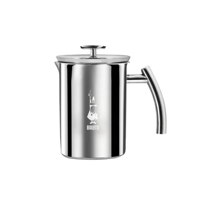 Bialetti manual milk frother by Brew Italia for making creamy froth, shown in black with stainless steel accents.