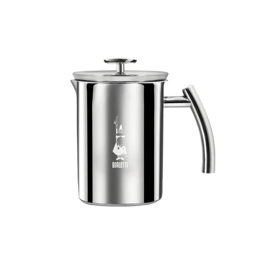 Bialetti manual milk frother by Brew Italia for making creamy froth, shown in black with stainless steel accents.