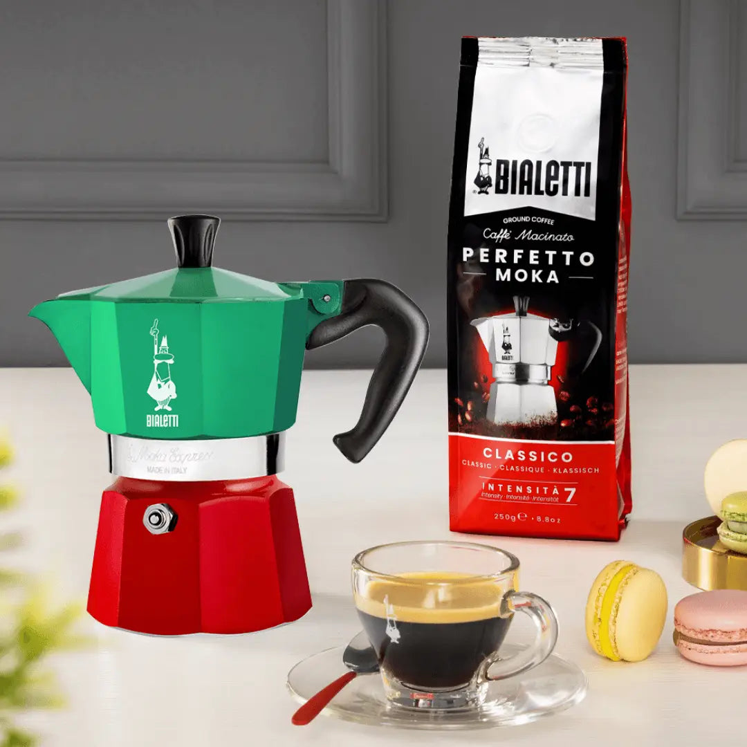 Bialetti Moka Express Tricolore Italia stovetop coffee maker with Brew Italia branding and colorful design.