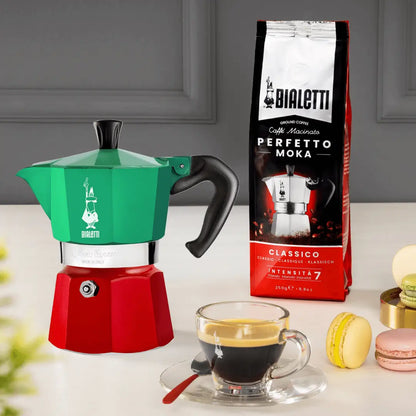 Bialetti Moka Express Tricolore Italia stovetop coffee maker with Brew Italia branding and colorful design.
