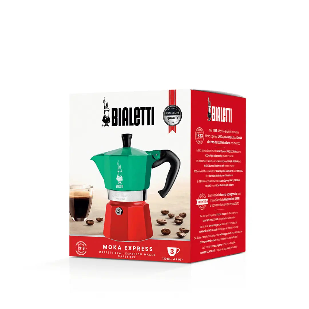 Bialetti Moka Express Tricolore Italia stovetop coffee maker in packaging, featuring iconic design and branding from Brew Italia