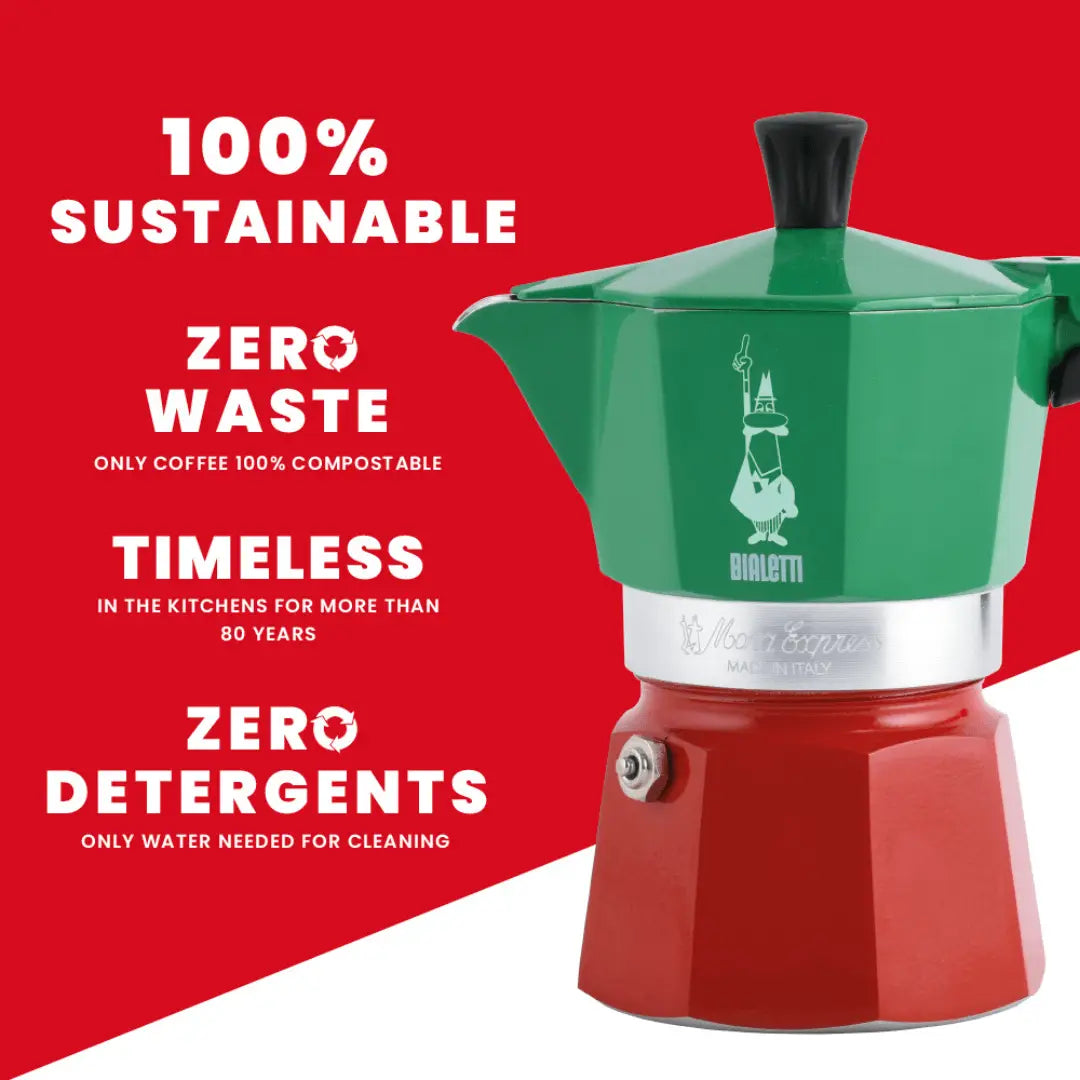 Bialetti Moka Express Tricolore Italy stovetop coffee maker by Brew Italia, showcasing the iconic colorful design and stainless steel construction.