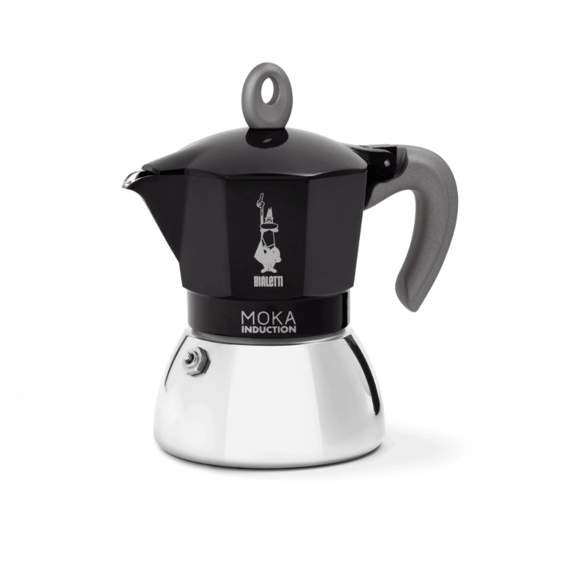 Bialetti Moka Induction stovetop coffee maker by Brew Italia, showcasing its stainless steel design and compact brewing size.