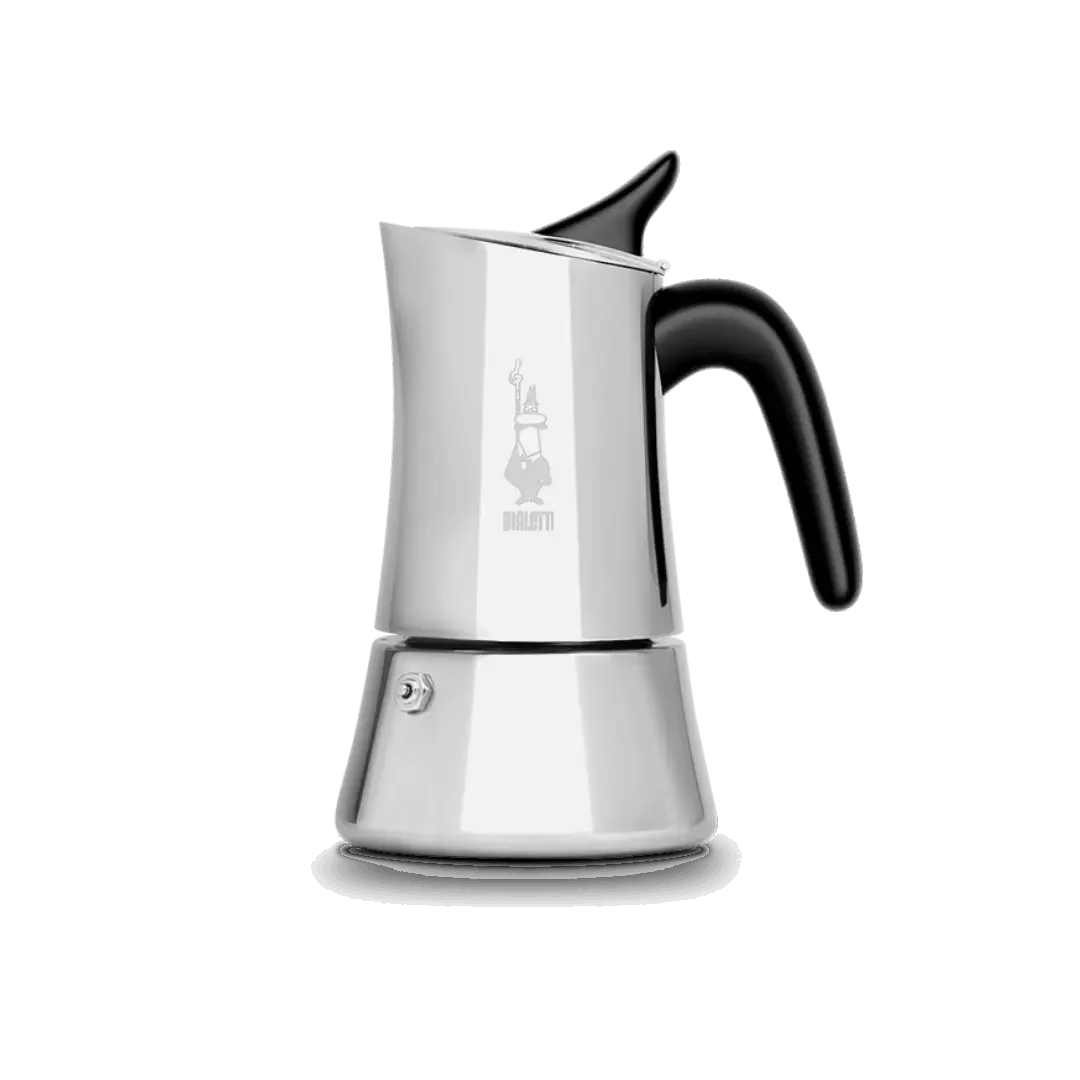 Bialetti Moka Express Exclusive coffee maker by Brew Italia, featuring classic aluminum design with black handle and lid.