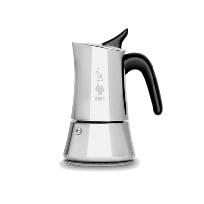 Bialetti Moka Express Exclusive coffee maker by Brew Italia, featuring classic aluminum design with black handle and lid.