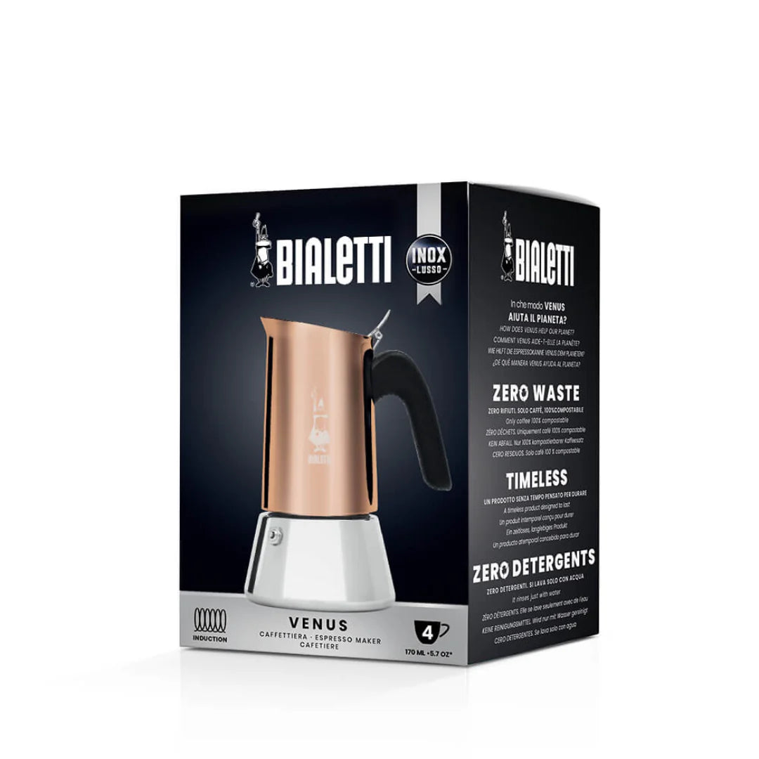 Stainless steel Bialetti Venus stovetop coffee maker by Brew Italia, showing the sleek, polished design and handle.