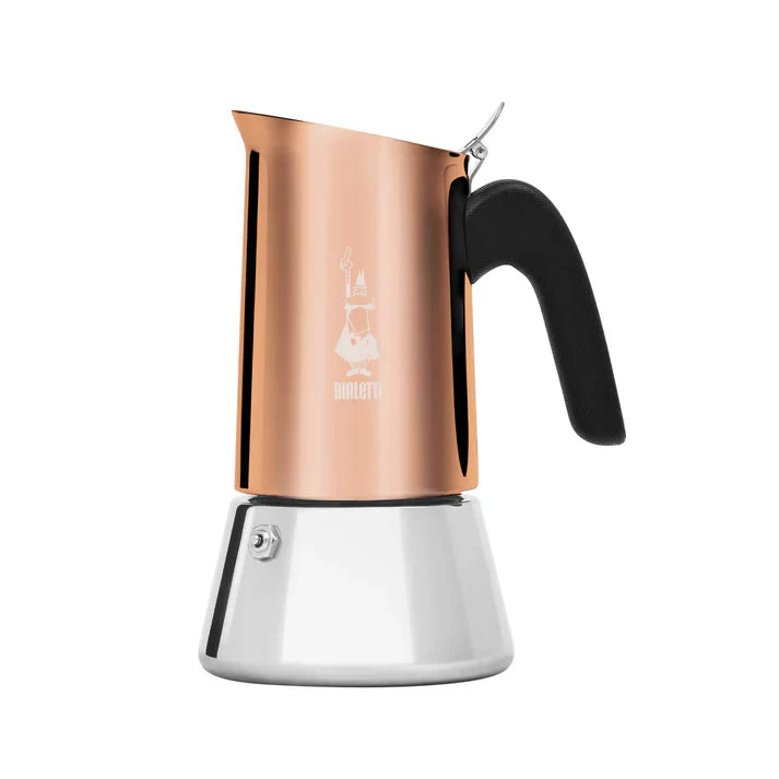 Bialetti Venus copper induction stovetop coffee maker by Brew Italia, showcasing its sleek copper finish and compact design.