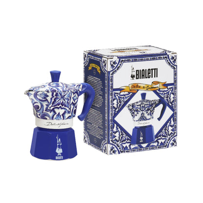 Bialetti X Dolce&Gabbana Blue Mediterranean Moka Express coffee maker with stylish blue design and four cup capacity.