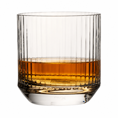Set of six Big Top DOF whisky glasses by Glassware UK, 320ml tumblers filled with whisky on a wooden surface.