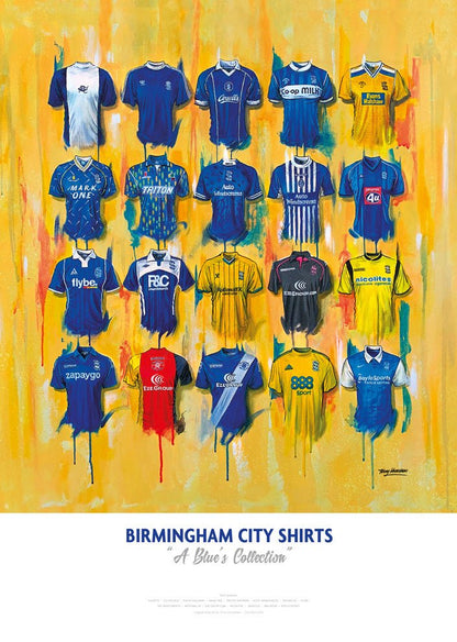 Limited edition Birmingham City FC shirts signed by Terry Kneeshaw, framed A2 print showcasing iconic team jerseys