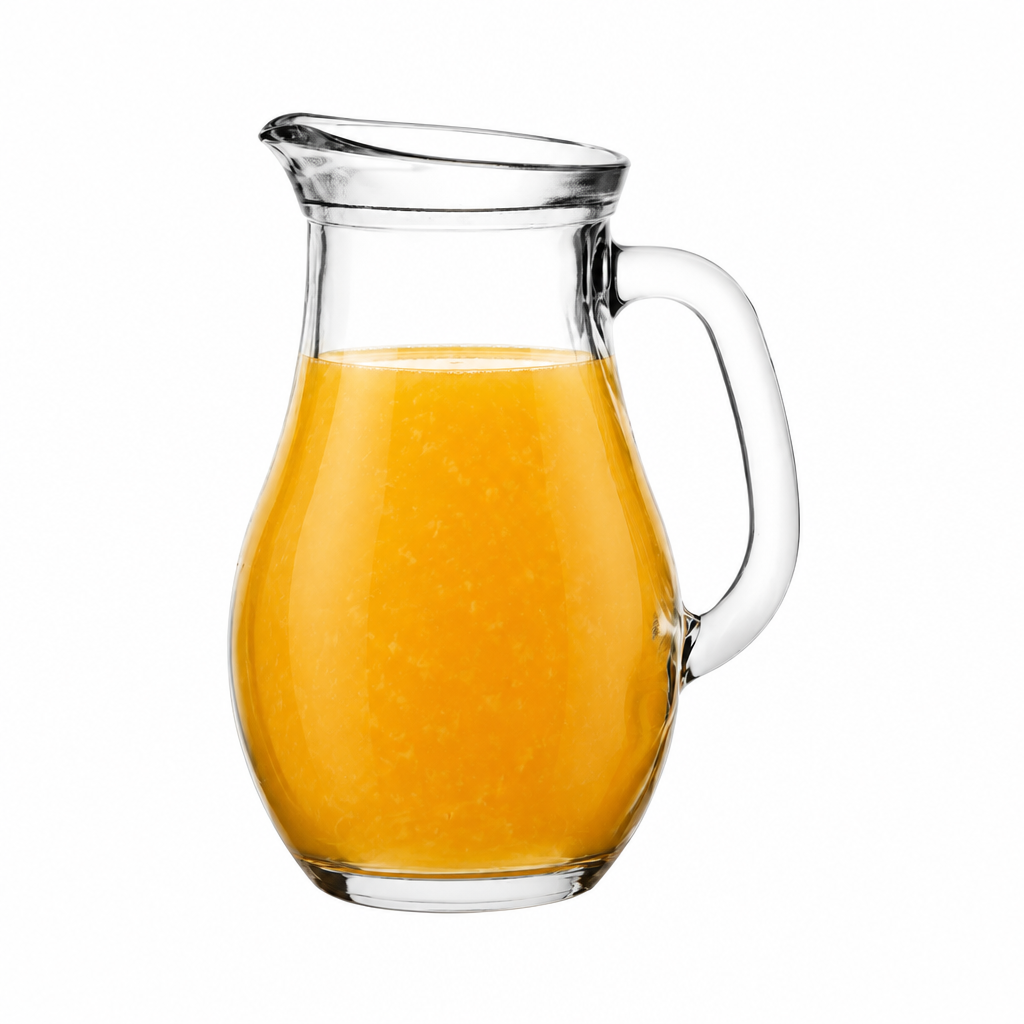 Glassware UK Bistro Glass Jug filled with orange juice, 1-liter capacity, clear glass with a sturdy handle and spout for pouring.