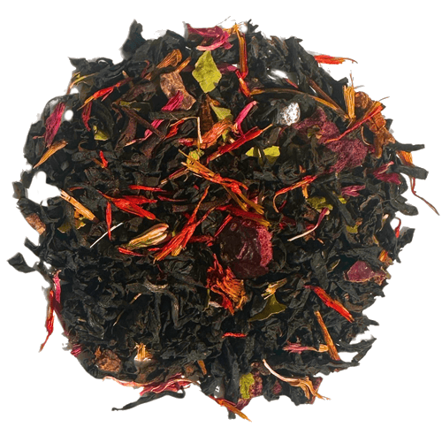 Black Forest Gateaux flavored black tea by Porter Hill Tea Company, showcasing a rich, dark blend in a transparent container.