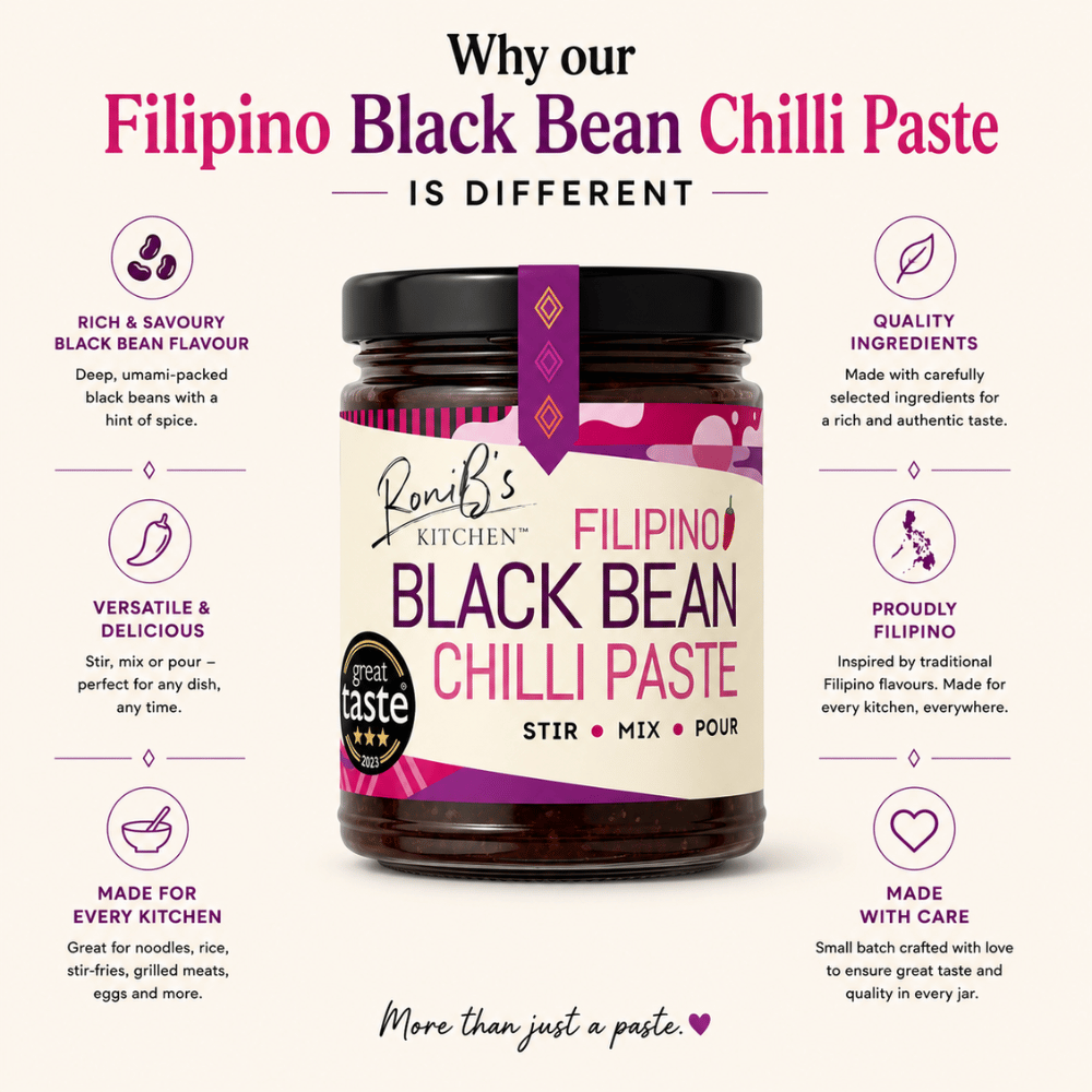 RoniBs Kitchen Filipino Black Bean Chilli Paste hot sauce in a clean jar, highlighting its award-winning Great Taste flavor.