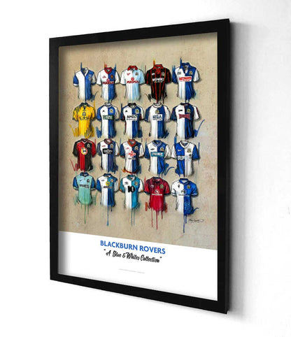 Limited edition Blackburn Rovers FC print by Terry Kneeshaw Art featuring signed artwork of Blackburn Rovers shirts.