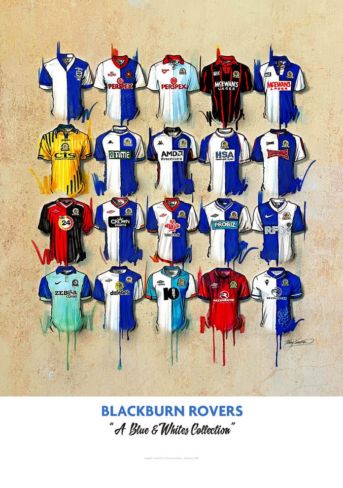Limited edition Blackburn Rovers A2 print by Terry Kneeshaw Art featuring signed artwork of Blackburn Rovers football shirts.