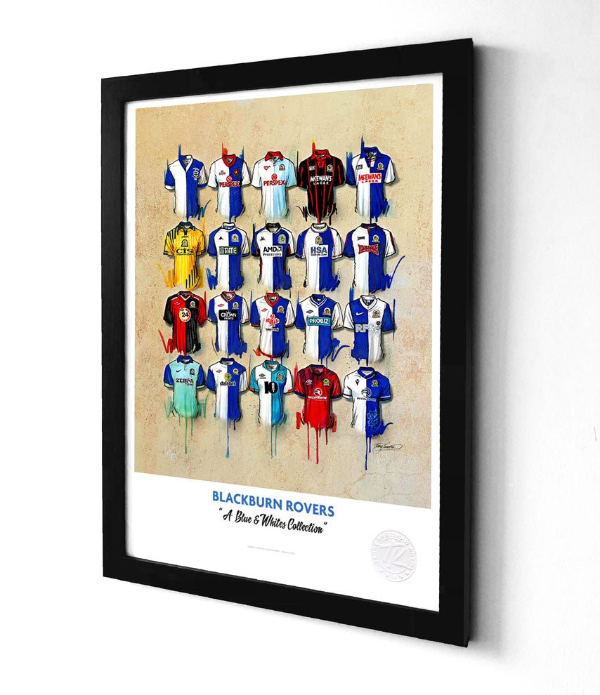 Limited edition Blackburn Rovers framed print by Terry Kneeshaw, featuring a classic Blackburn Rovers shirt in vibrant colors.