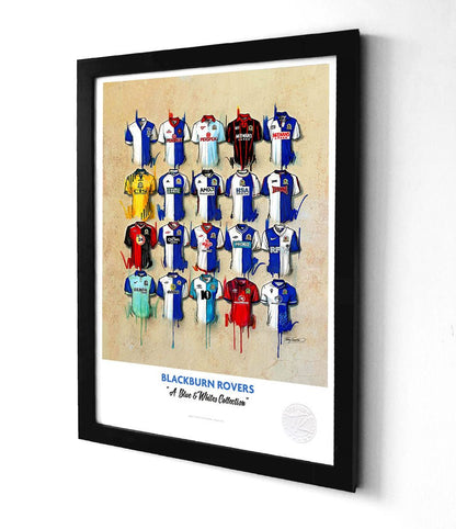Limited edition Blackburn Rovers framed print by Terry Kneeshaw, featuring a classic Blackburn Rovers shirt in vibrant colors.