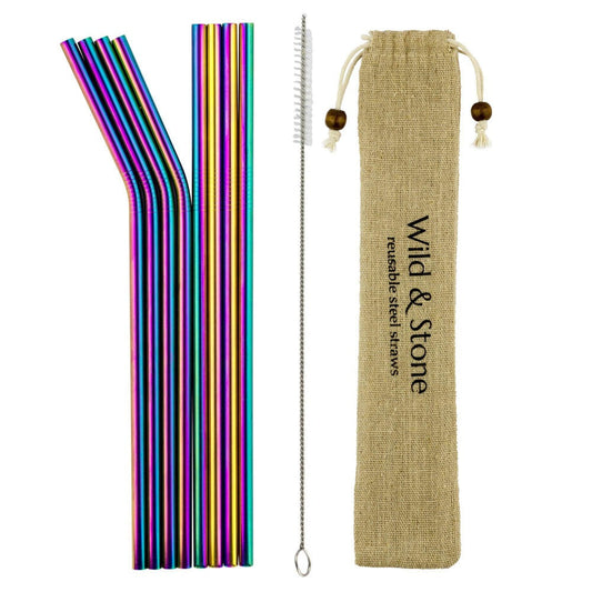 Set of 8 rainbow reusable stainless steel drinking straws by Wild And Stone, featuring colorful, eco-friendly straws for beverages.