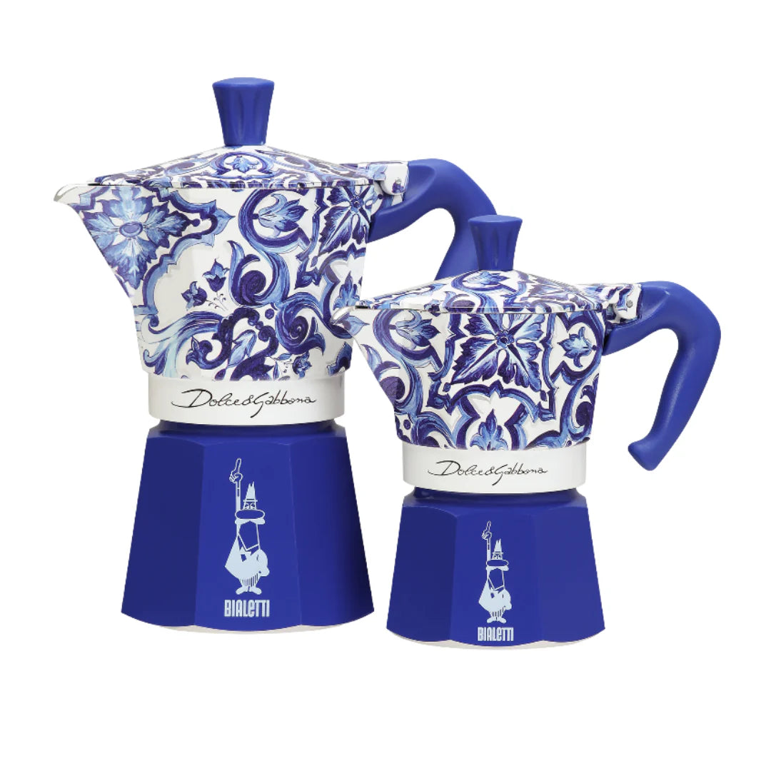 Blue Mediterranean Bialetti Moka Express by Dolce&Gabbana, featuring iconic Bialetti hardware and vibrant blue design.