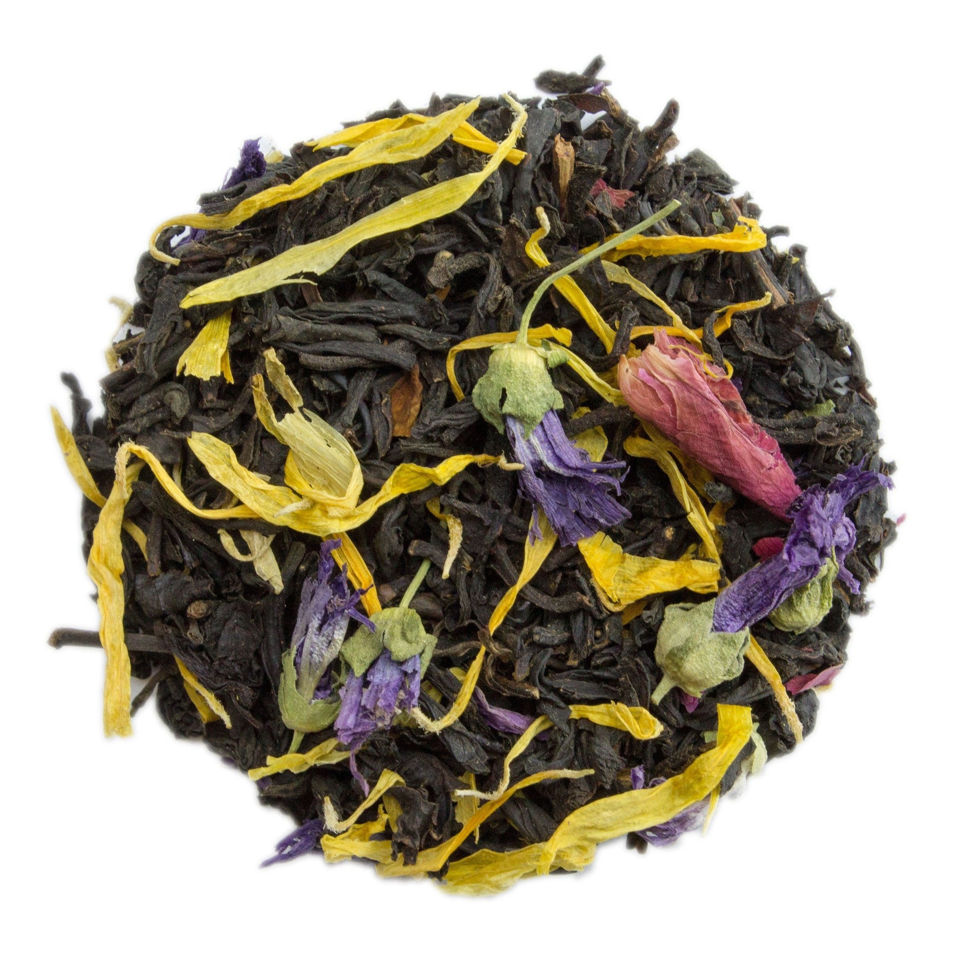 Blue Lady flavoured black tea by PekoeTea Edinburgh, showing a vibrant blue and black tea blend in a clear glass cup.